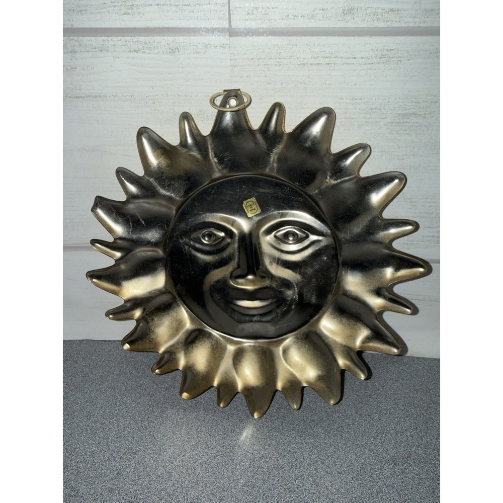 Vintage copper‎ celestial sun mask sculpture wall hanging 9'' Painted